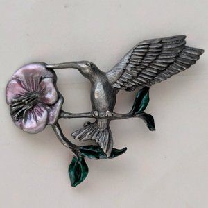 Vintage Spoontique #3825 Pewter Hummingbird Floral Flower Leaf Brooch Pin